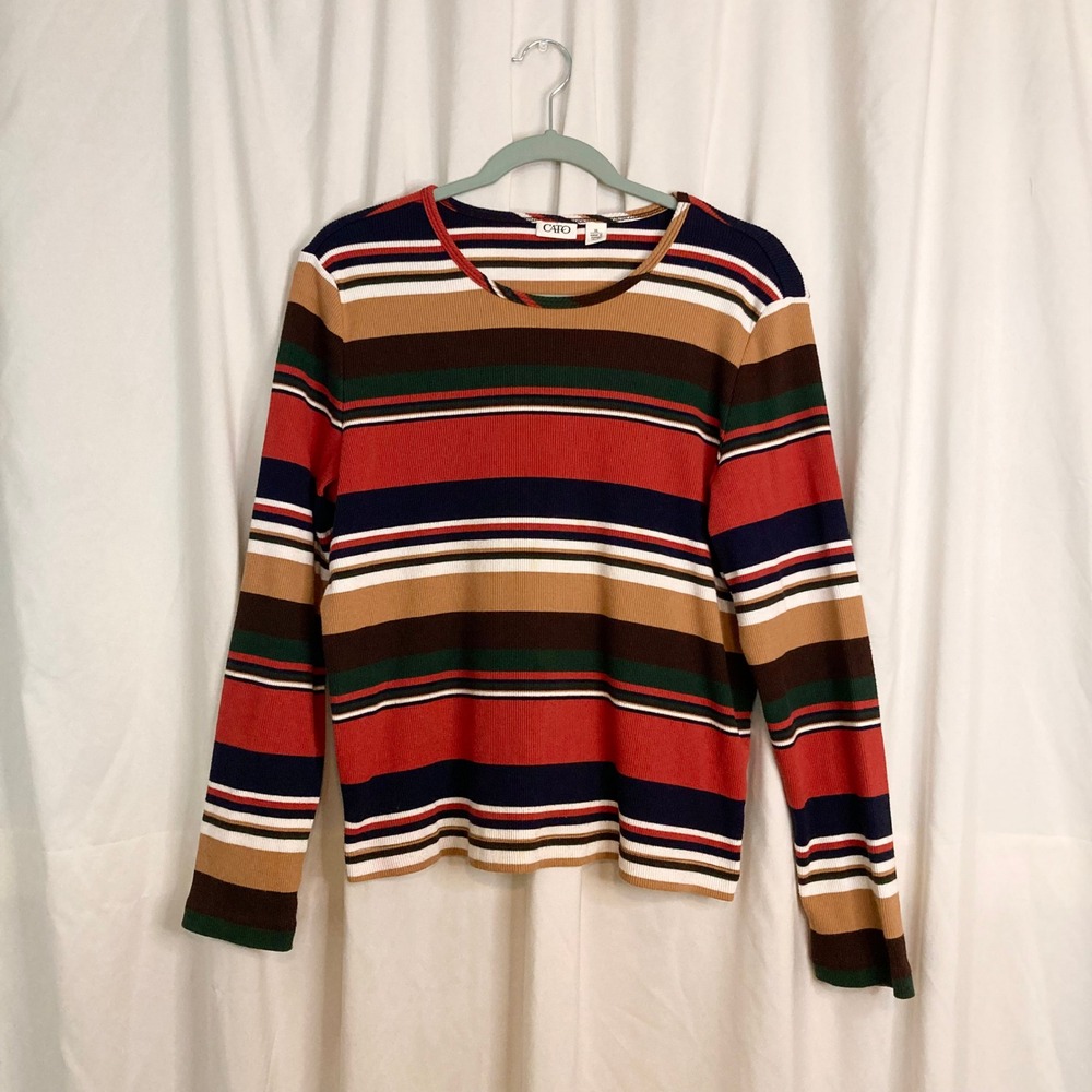 Ribbed Knit Long Sleeve Striped Crew Neck Top Multicolor Retro Cato XL Fall 70s